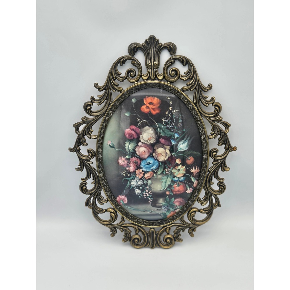 Vintage Ornate Oval Brass Frame Bubble Glass Floral Bouquet Wall Art Italy 13x10